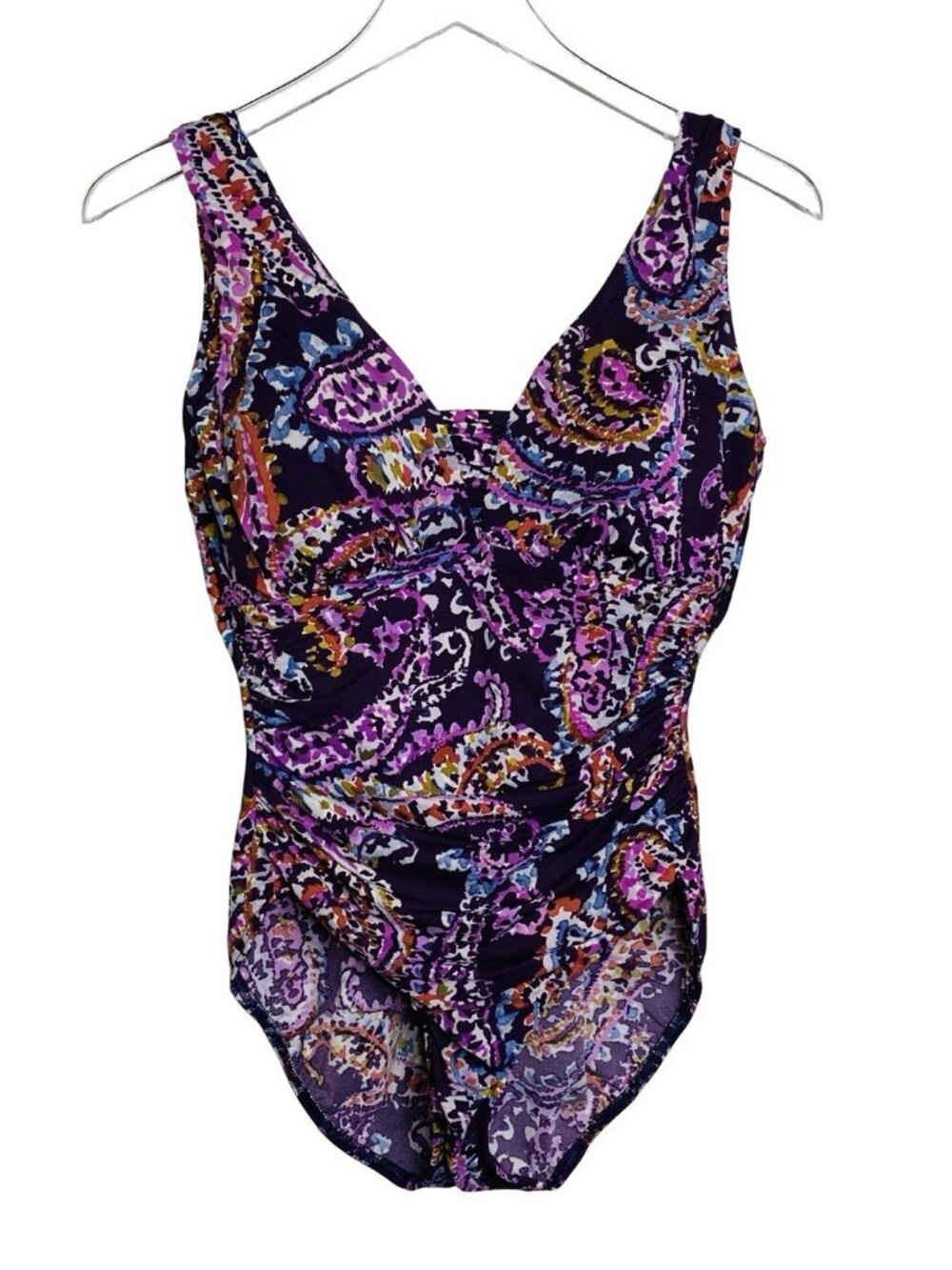 Lands End 14P One Piece Swimsuit Bathing Suit Purple Paisley Slimming 14 Petite